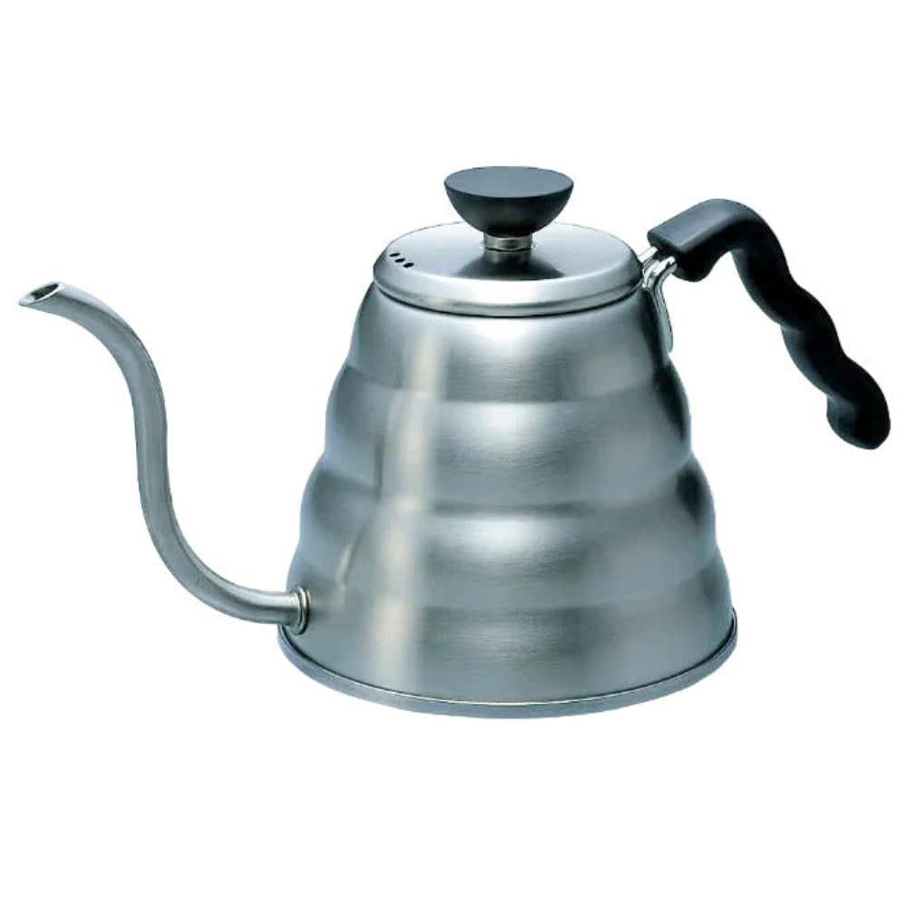 A Hario brushed stainless steel gooseneck kettle with a black handle and lid knob, shown on a plain white background.